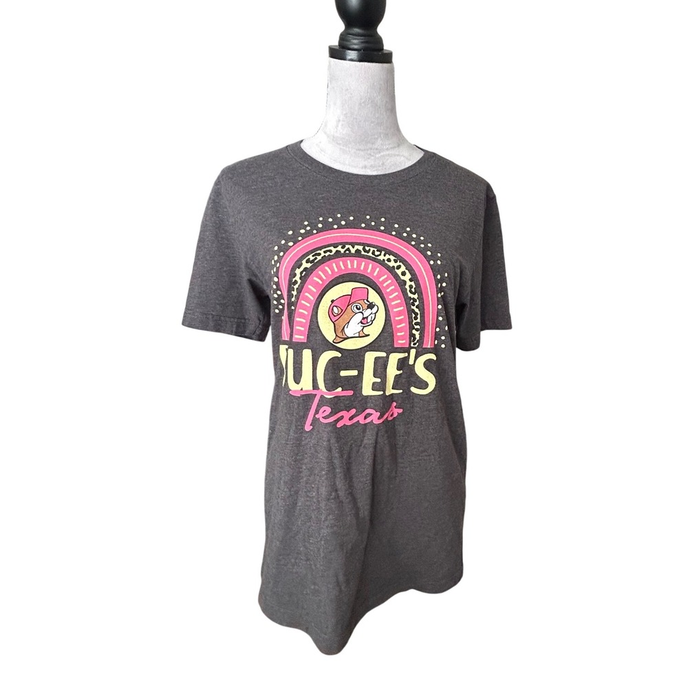 Buc-ees Texas Graphic T Shirt Women's Charcoal Gray‎ Short Sleeve Rainbow Beaver